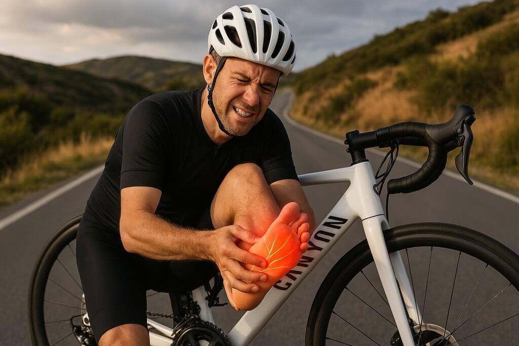 Mann steht vor seinem Rennrad und hält sich seine schmerzenden Füße