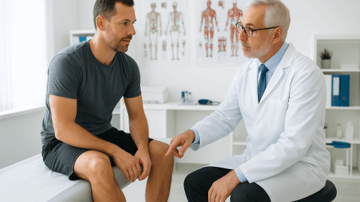 Ein Arzt klärt einen Patienten über Teilriss und kompletten Achillessehnenriss auf